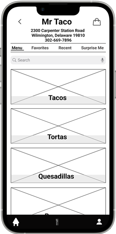 Mid-fidelity menu screen